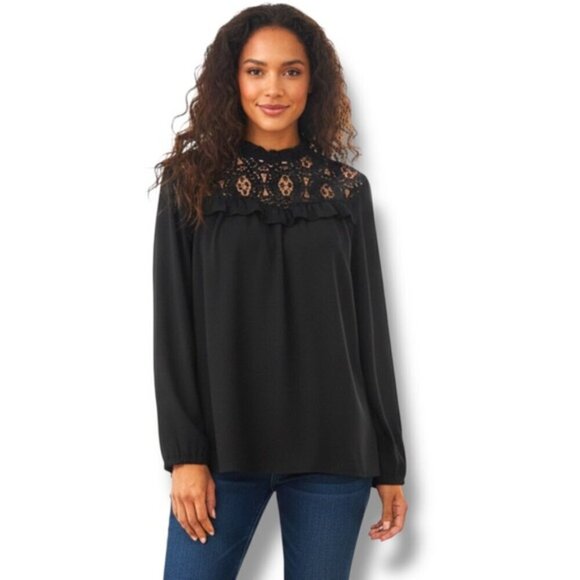 Eloquii Tops - Eloquii Blouse Crochet Lace Long Sleeve Keyhole Round Neck Black Top Plus 16